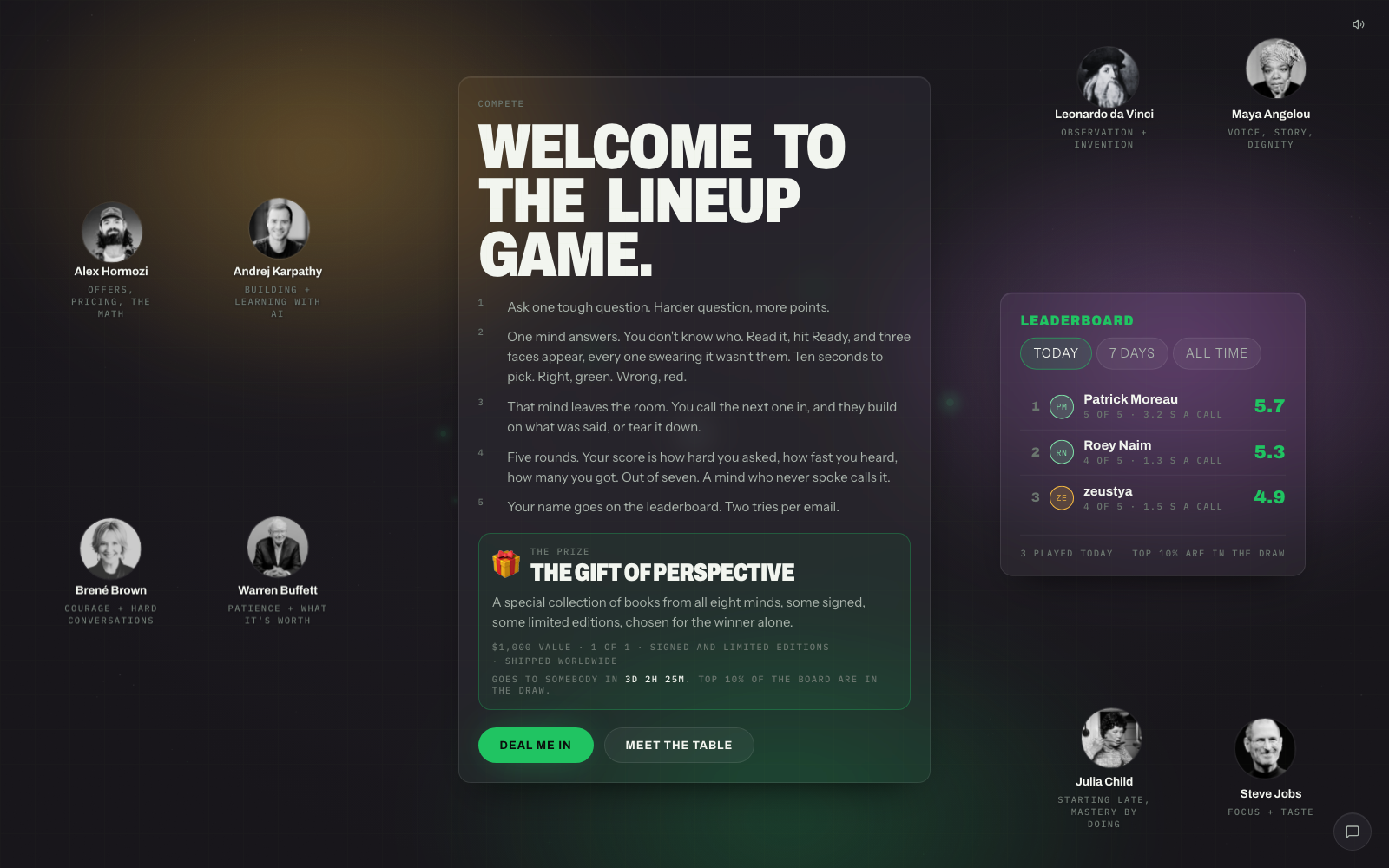 The Lineup — eight minds around a table with a live leaderboard