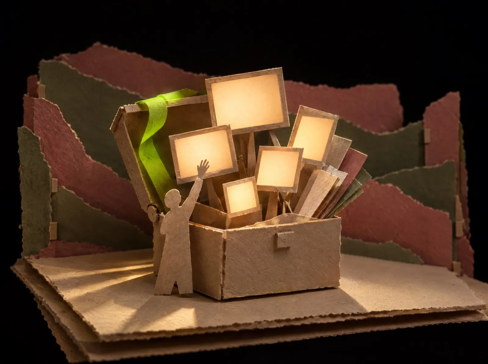 A paper toolbox opening into small glowing screens and cards