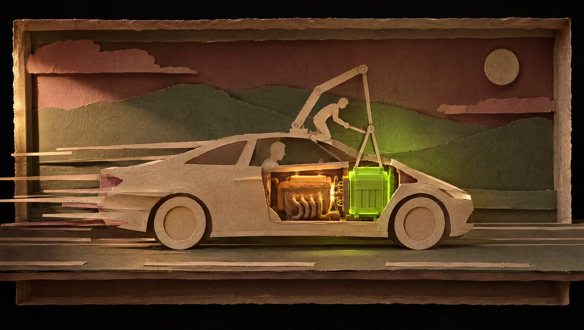 A paper diorama: a car at speed on a night highway, a small electric module being fitted beside the running engine