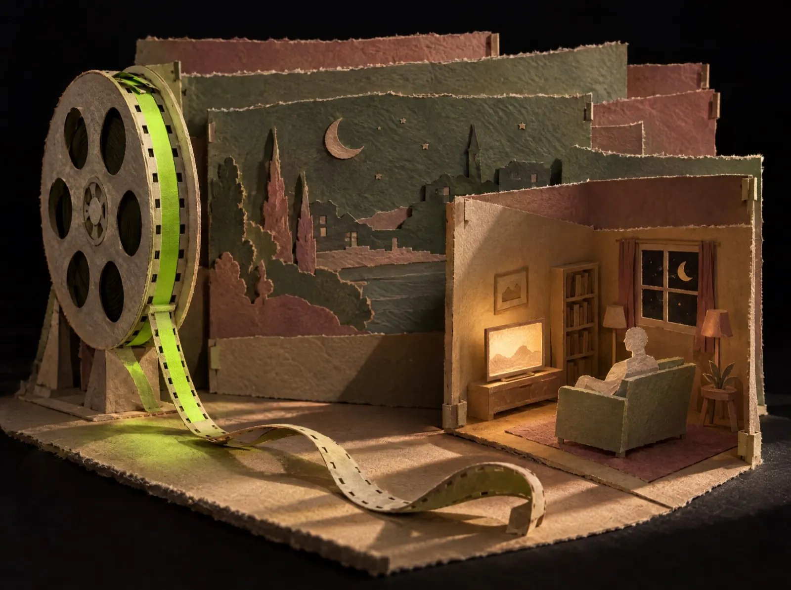 A paper film reel unspooling into a small lit living room
