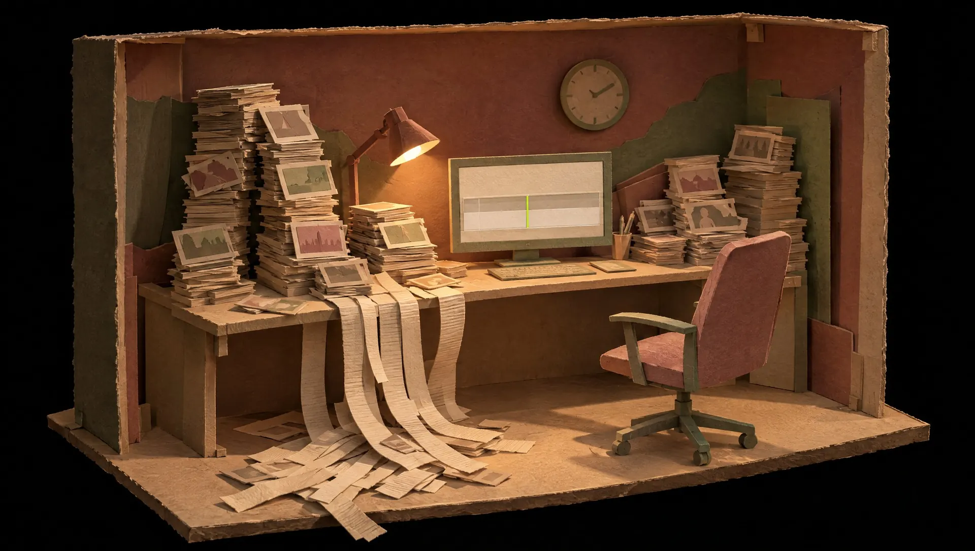 A paper diorama of an editor's desk buried under the week's footage, the chair pushed back