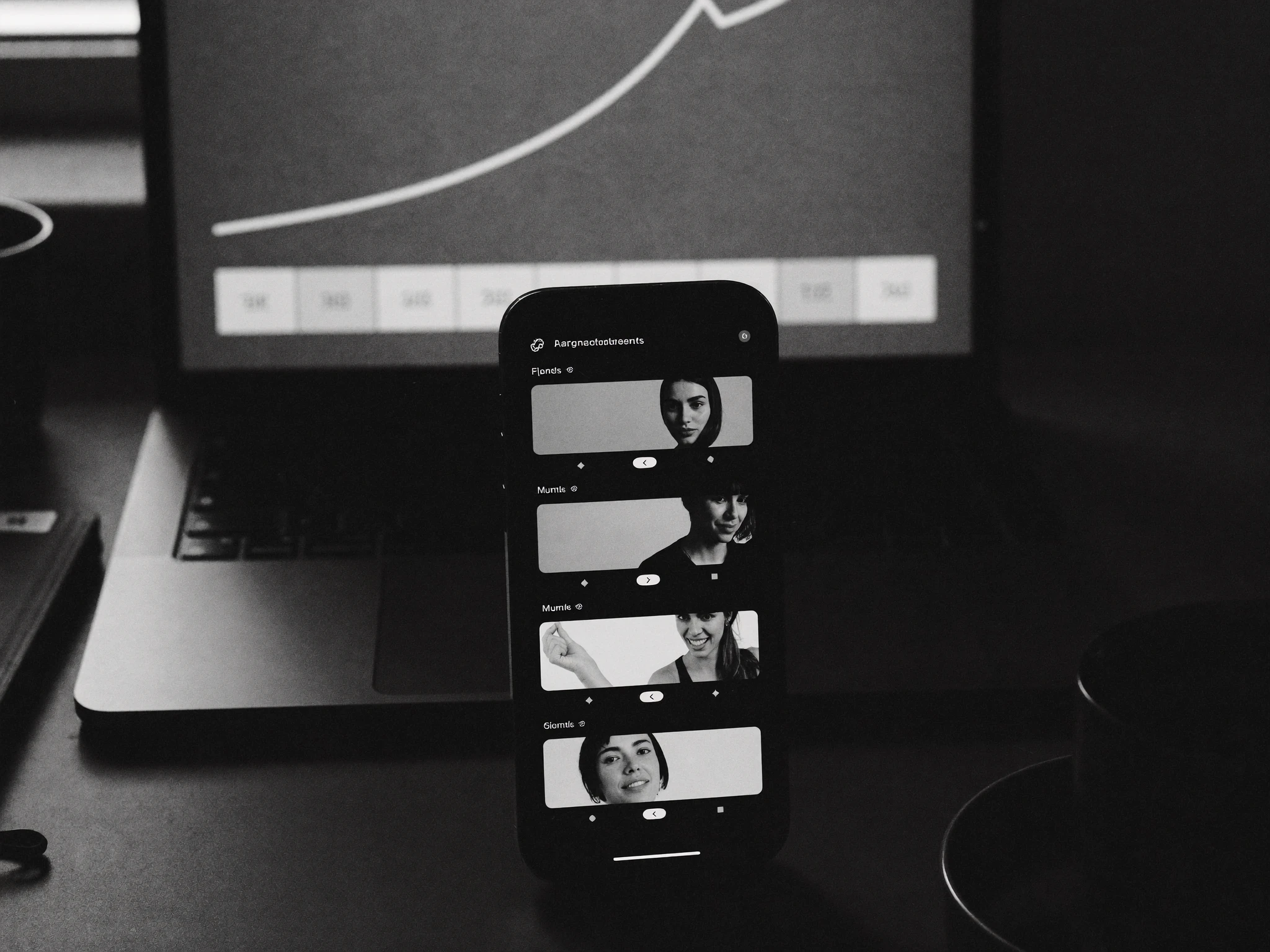 A phone showing a feed of social ads, with a campaign performance chart on a laptop behind it.